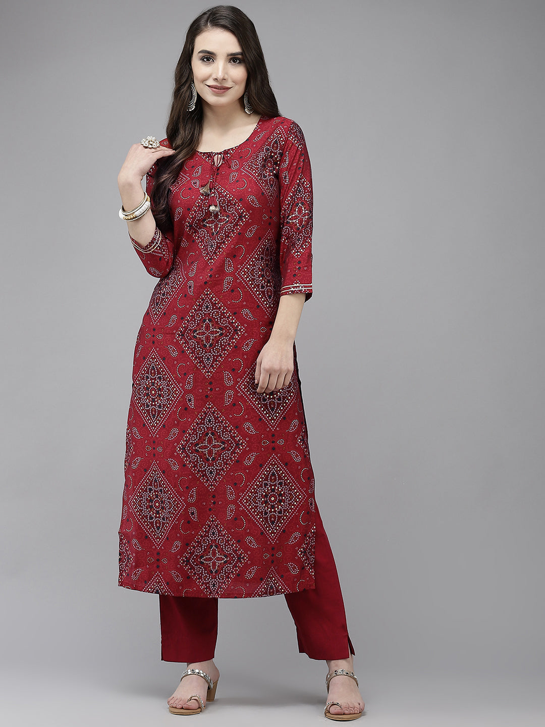 Ishin Women's Maroon Bandhani A-line Kurta with Trouser