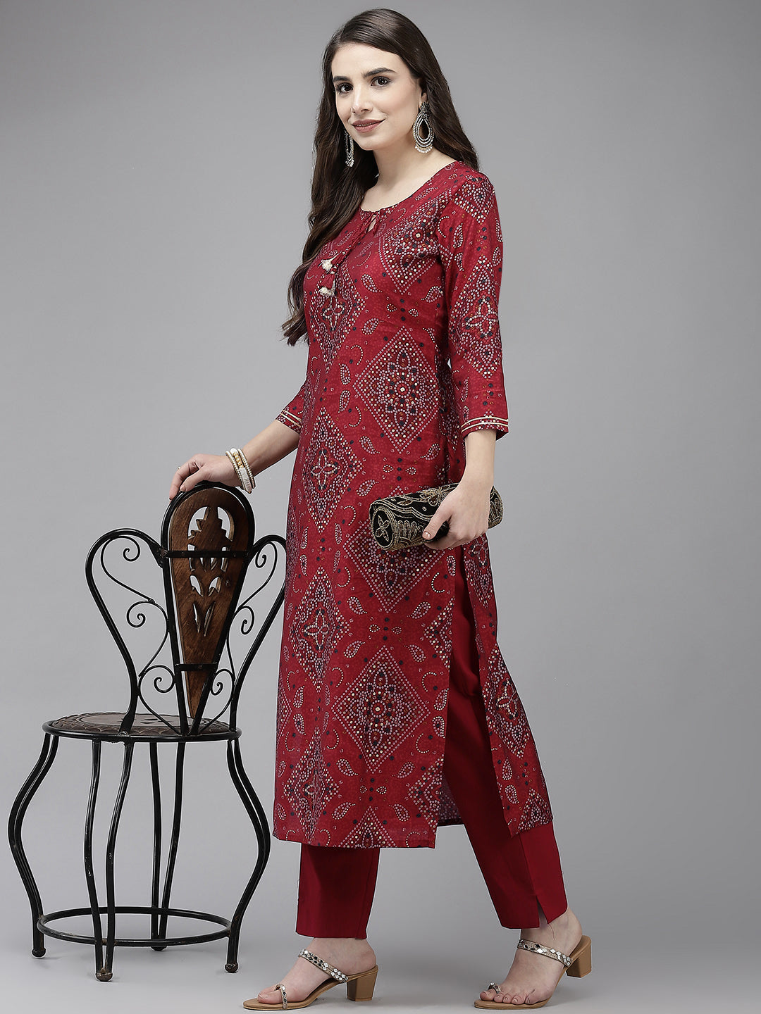 Ishin Women's Maroon Bandhani A-line Kurta with Trouser