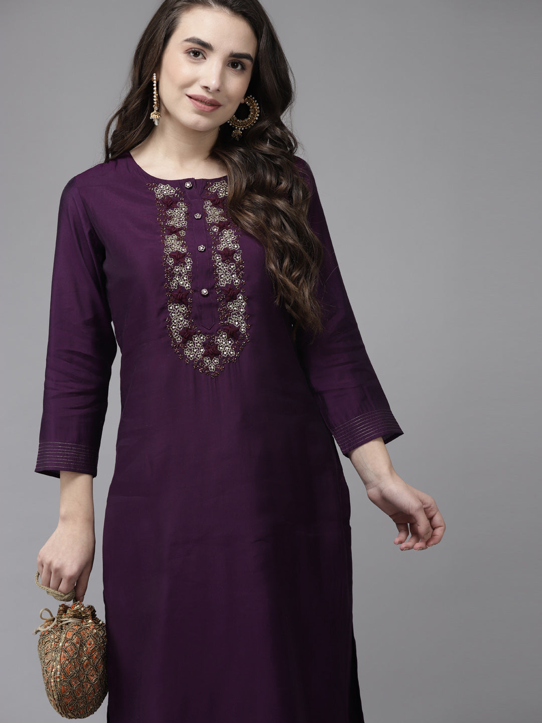 Ishin Women's Violet Embroidered A-Line Kurta with Trouser