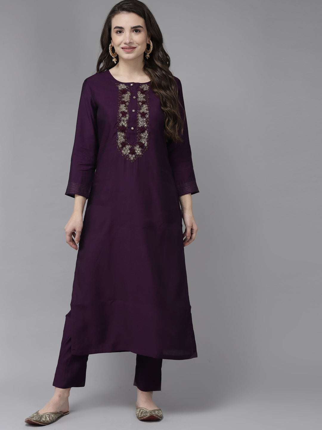 Ishin Women's Violet Embroidered A-Line Kurta with Trouser