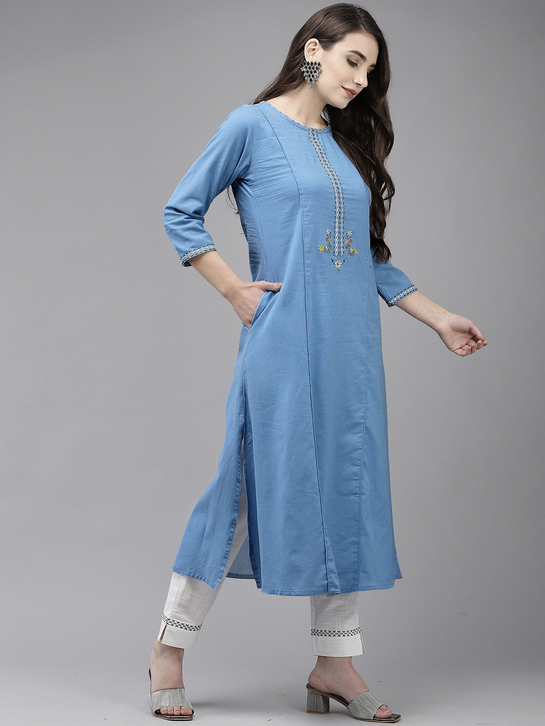 Ishin Women's Blue Back Embroidered A-Line Kurta with Trouser