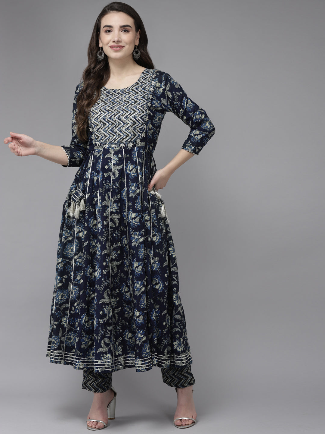 Ishin Women's Cotton Blend Navy Blue Embroidered Anarkali Kurta Trouser Set