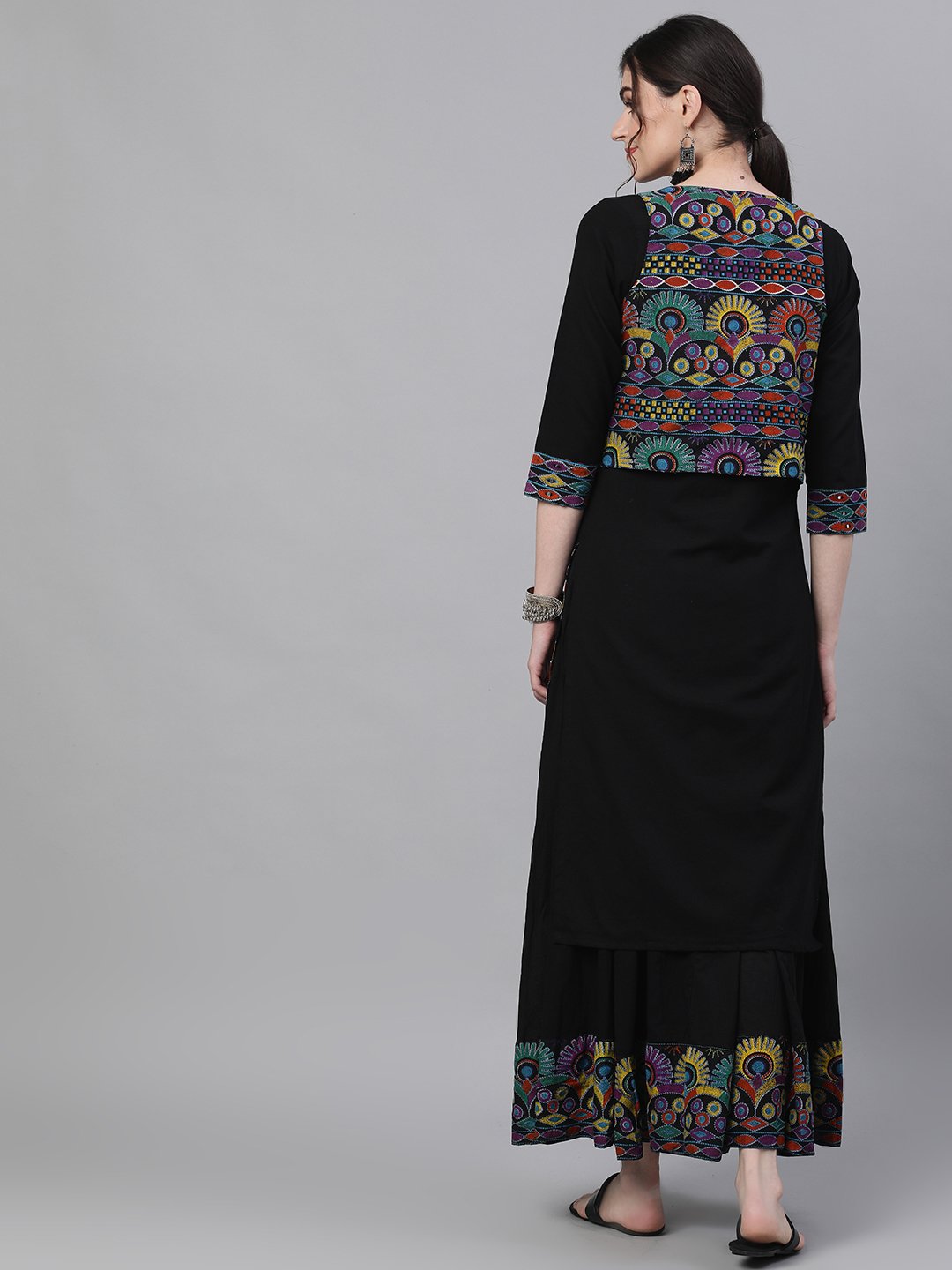 Ishin Women's Cotton Black Printed With Mirror Work Straight Kurta Sharara Set With Jacket