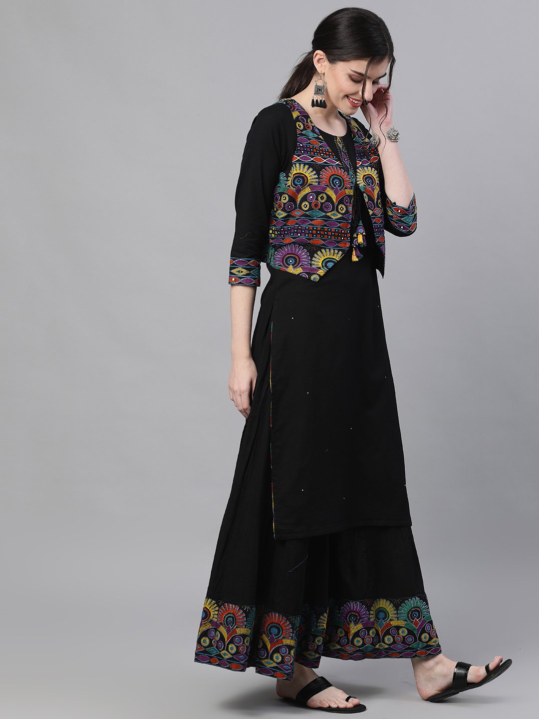 Ishin Women's Cotton Black Printed With Mirror Work Straight Kurta Sharara Set With Jacket