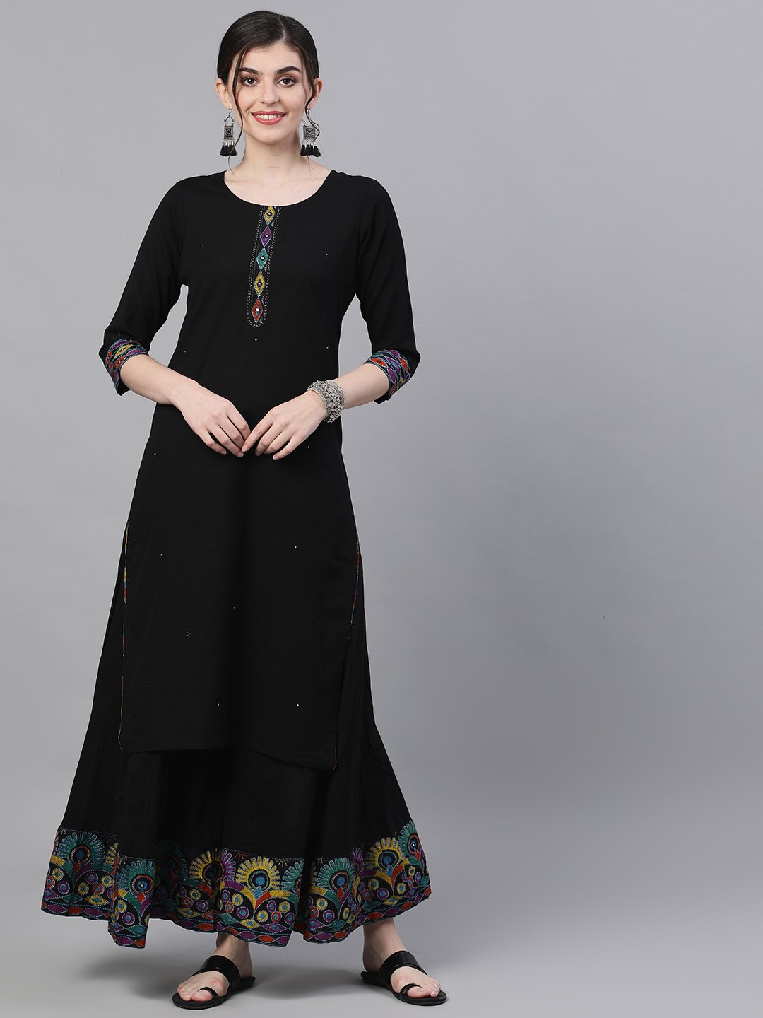 Ishin Women's Cotton Black Printed With Mirror Work Straight Kurta Sharara Set With Jacket