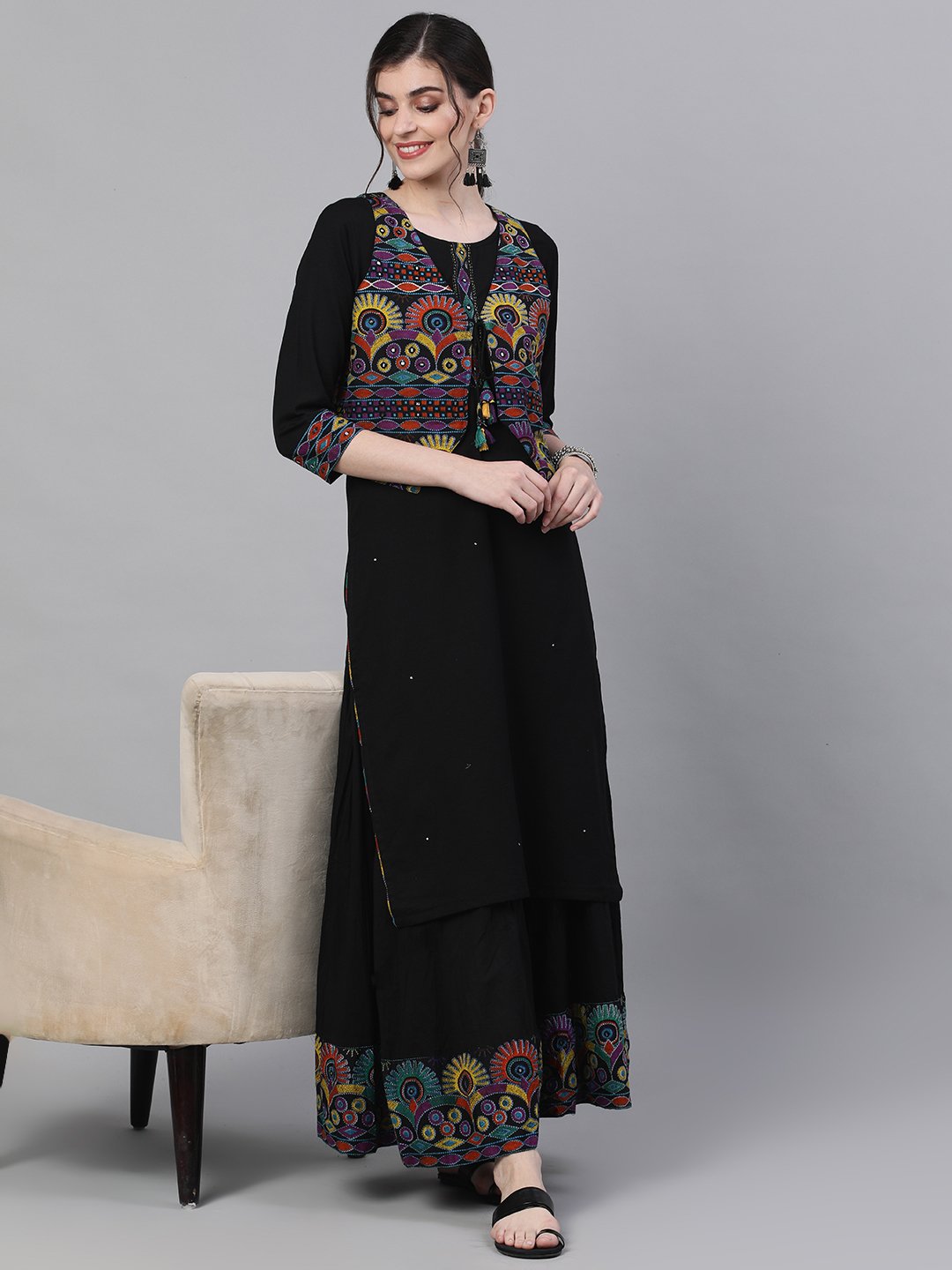 Ishin Women's Cotton Black Printed With Mirror Work Straight Kurta Sharara Set With Jacket