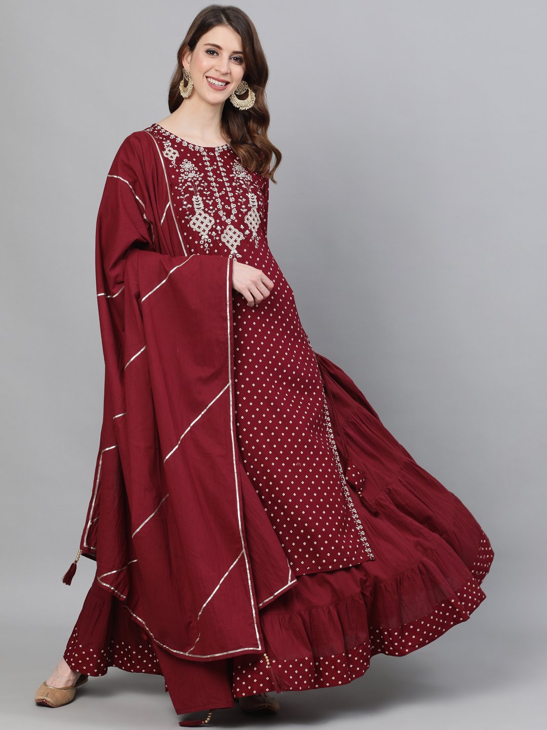 Ishin Women's Rayon Maroon Yoke Embroidered Straight Kurta Skirt Dupatta Set