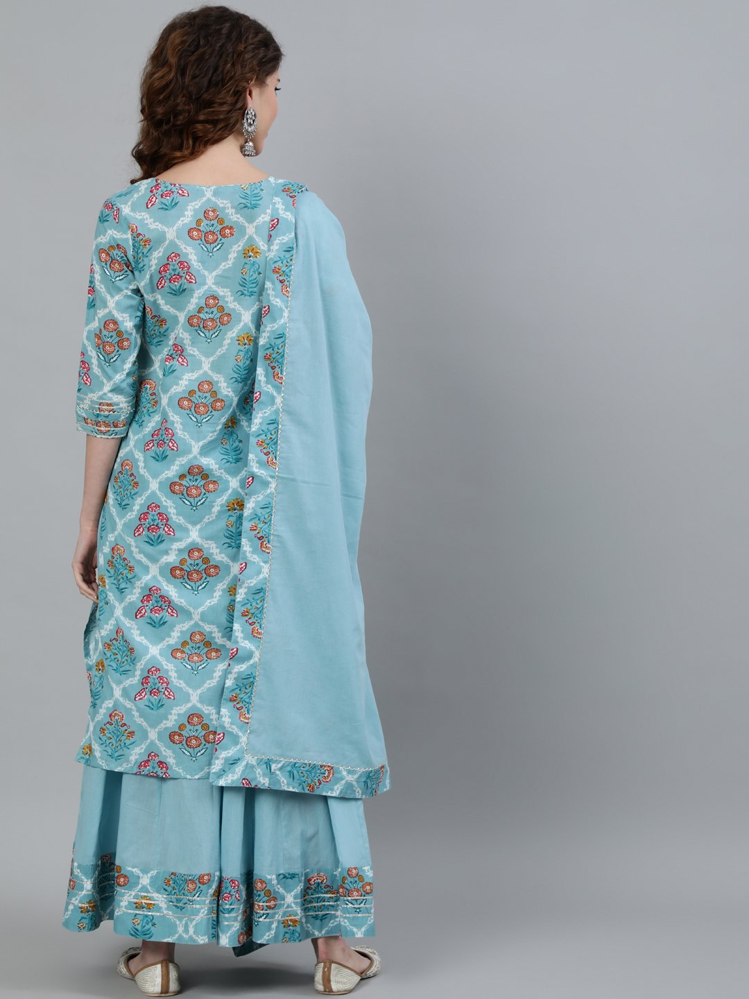 Ishin Women's Cotton Blue Printed A-Line Kurta Sharara Dupatta Set