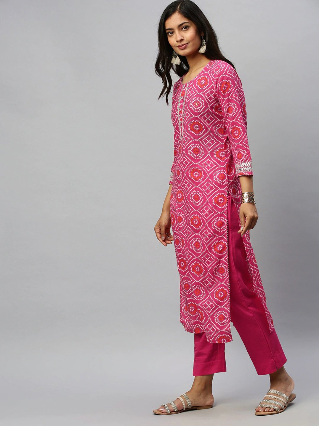 Ishin Women's Rayon Pink Bandhani Printed Straight Kurta Trouser Set