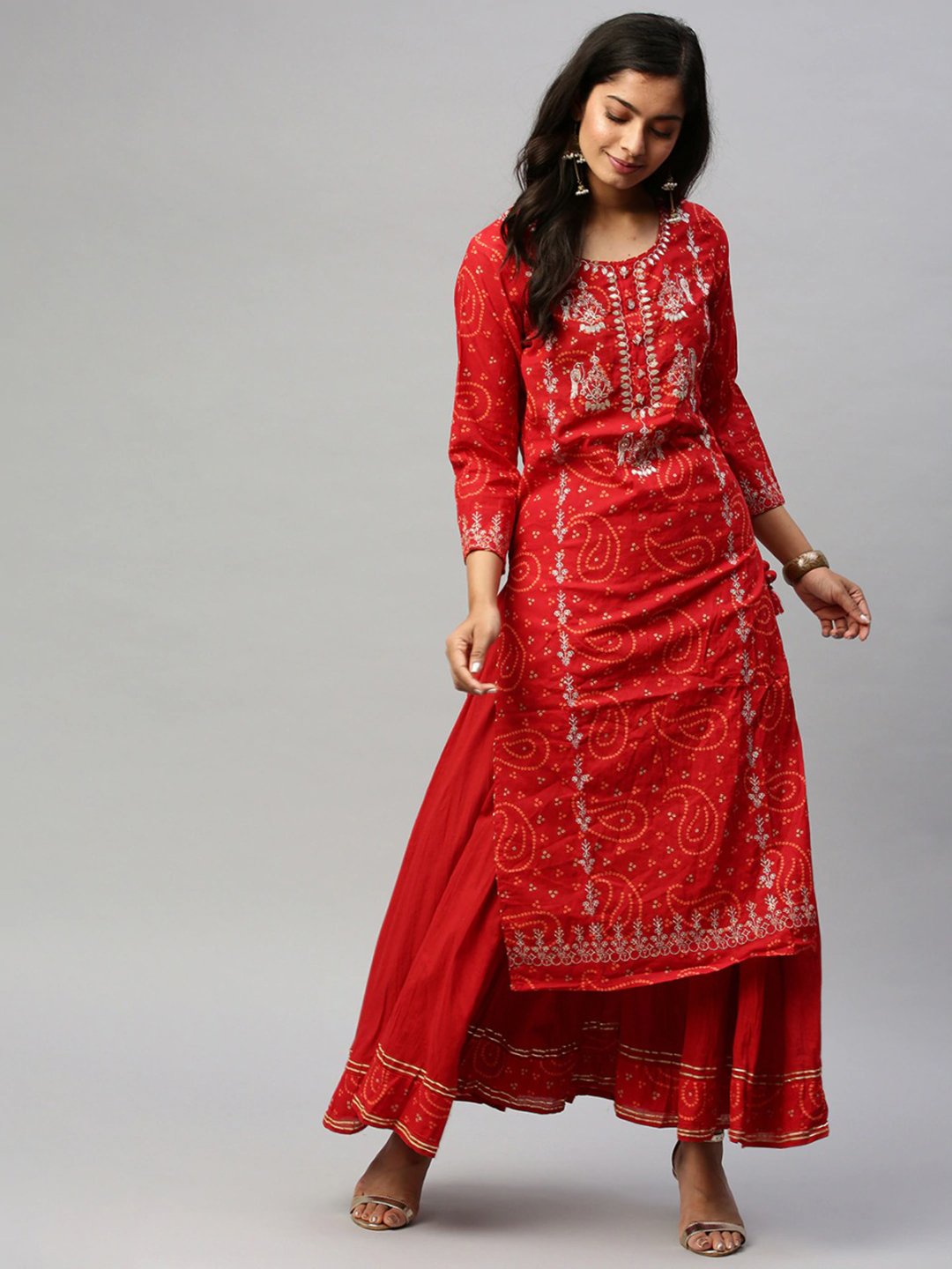 Red Bandhani Print Embellished Kurta Set