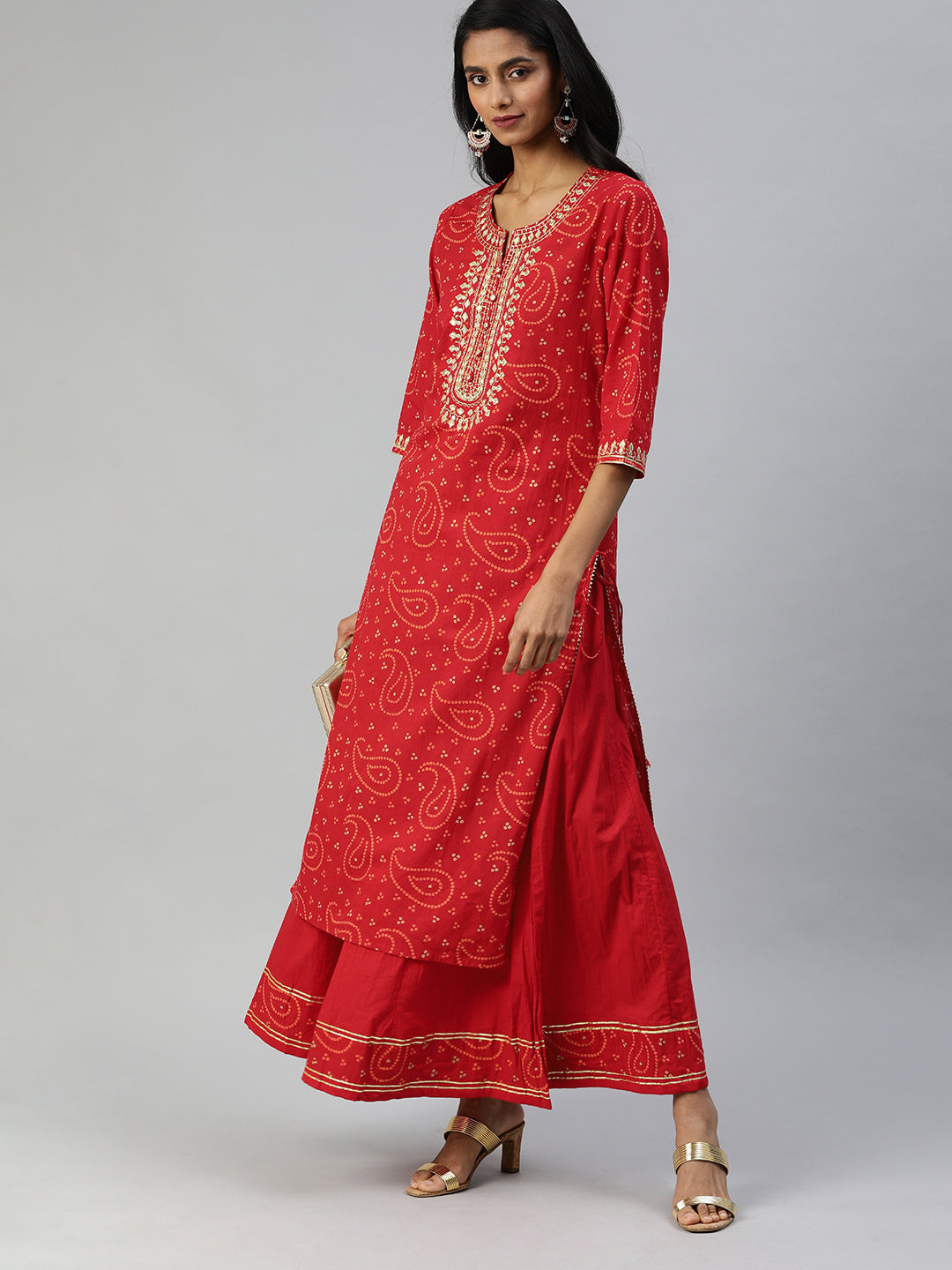 Ishin Women's Cotton Red Bandhani Print Embellished Straight Kurta Sharara Set