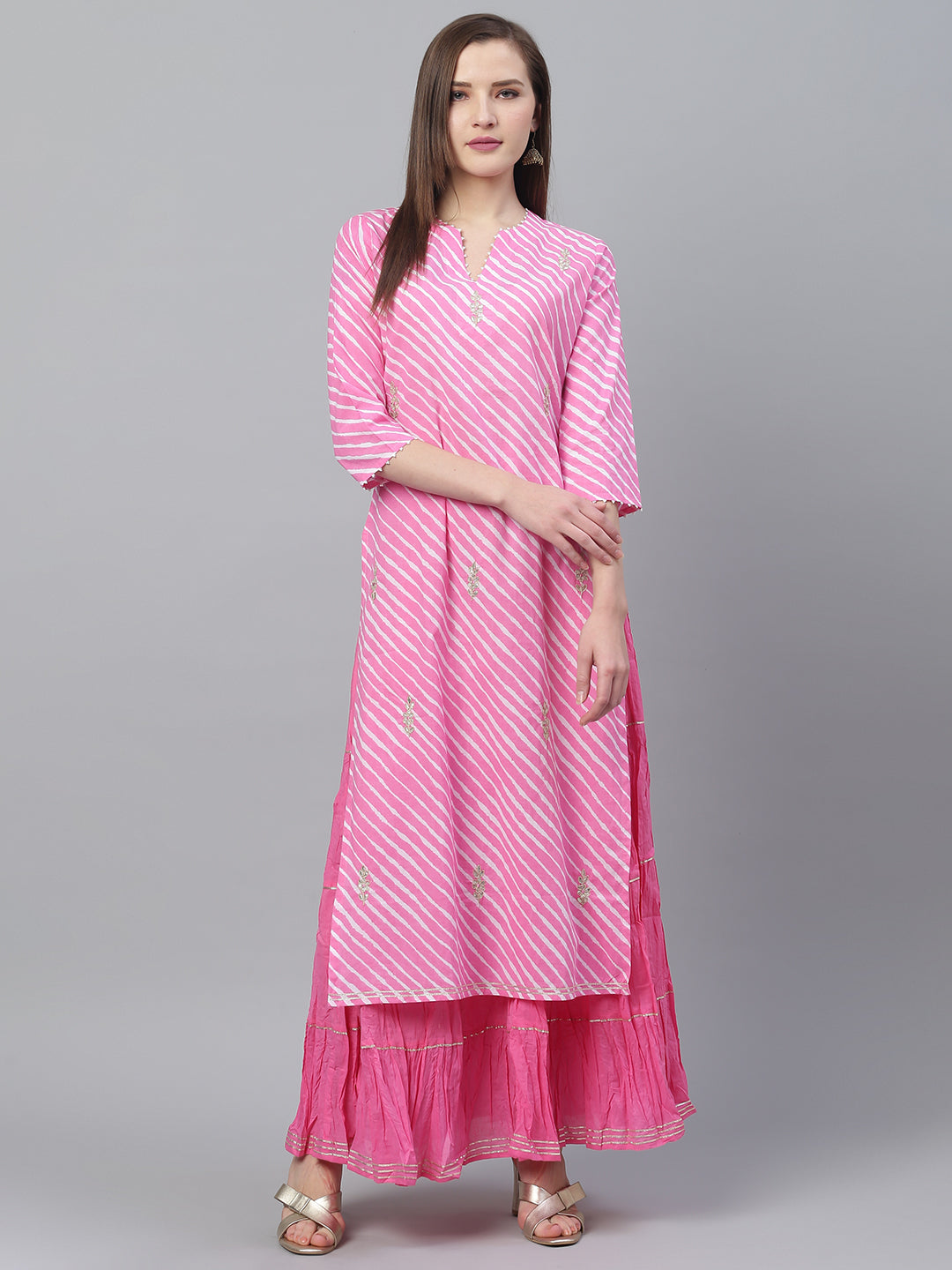 Ishin Women's Cotton Pink Leheriya Print Gota Patti Embellished A-Line Kurta Skirt Set