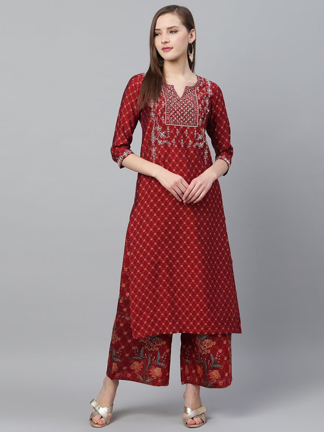 Ishin Women's Rayon Maroon Embellished Straight Kurta Palazzo Set