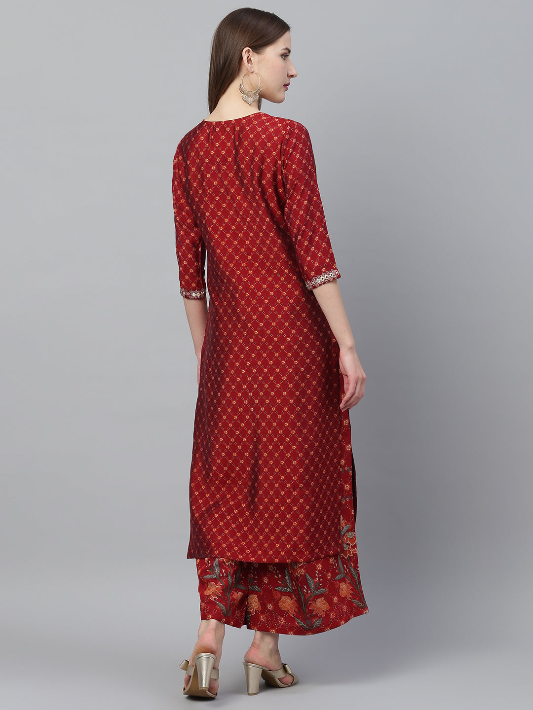 Ishin Women's Rayon Maroon Embellished Straight Kurta Palazzo Set