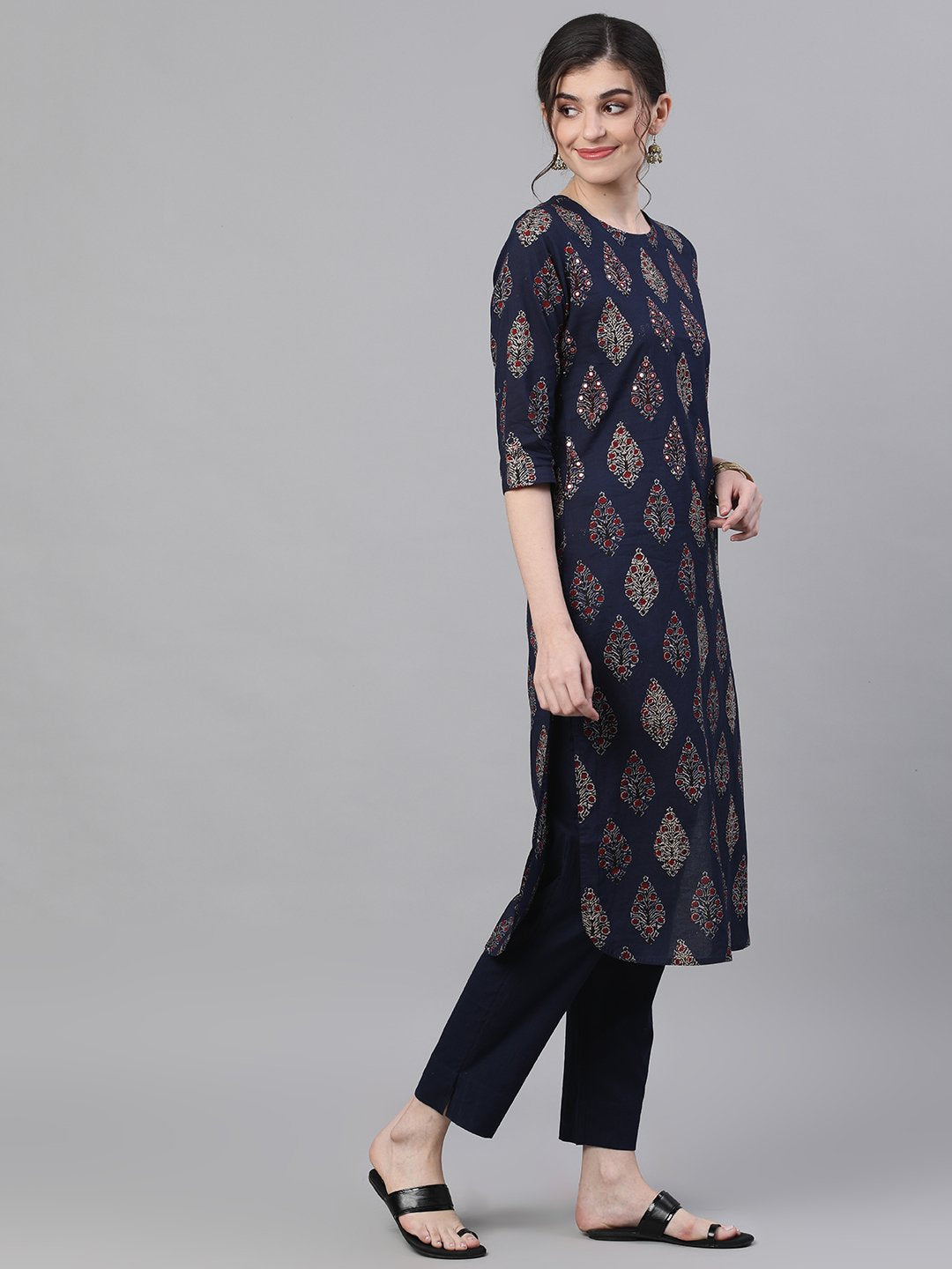 Ishin Women's Cotton Navy Blue Printed With Mirror Work Straight Kurta Trouser Set