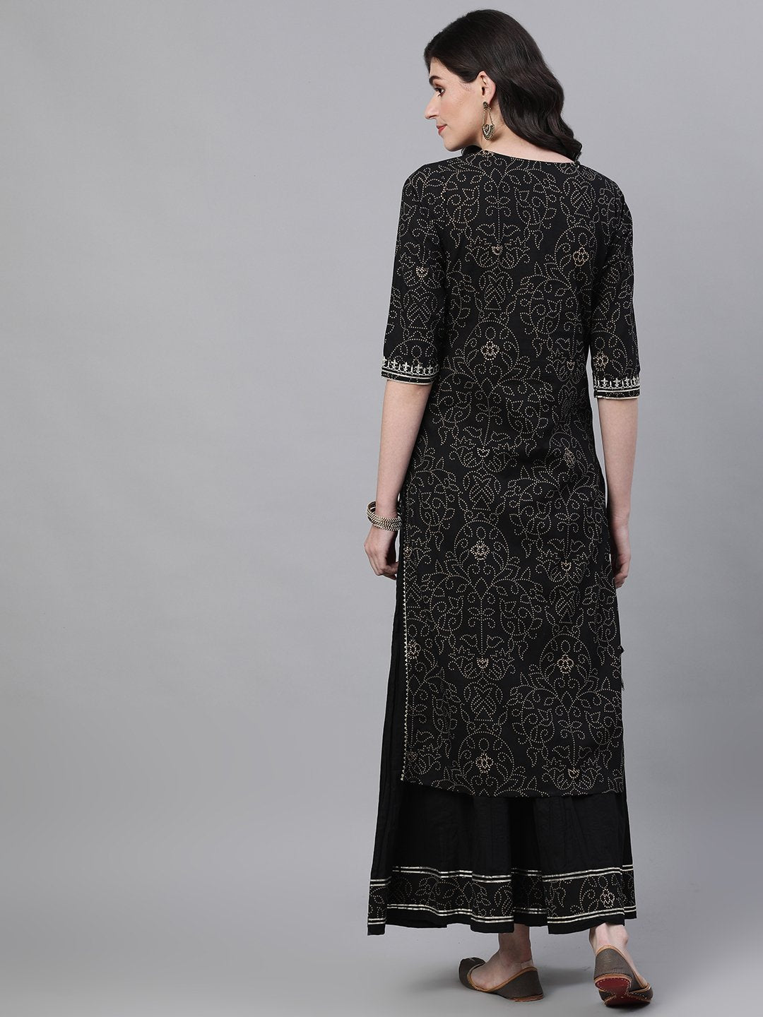 Ishin Women's Cotton Black Embroidered A-Line Kurta Sharara Set