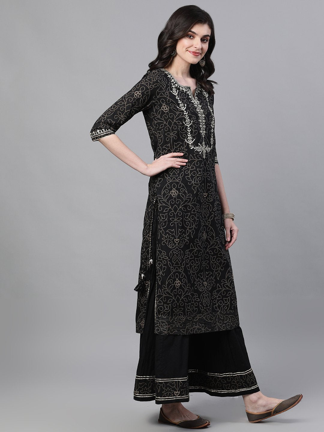 Ishin Women's Cotton Black Embroidered A-Line Kurta Sharara Set