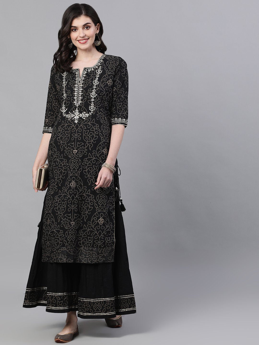 Ishin Women's Cotton Black Embroidered A-Line Kurta Sharara Set