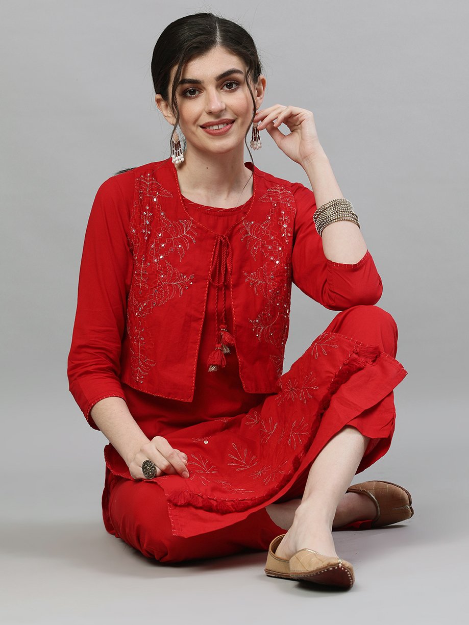 Rich Red Zari Kurta Trouser Set With Jacket