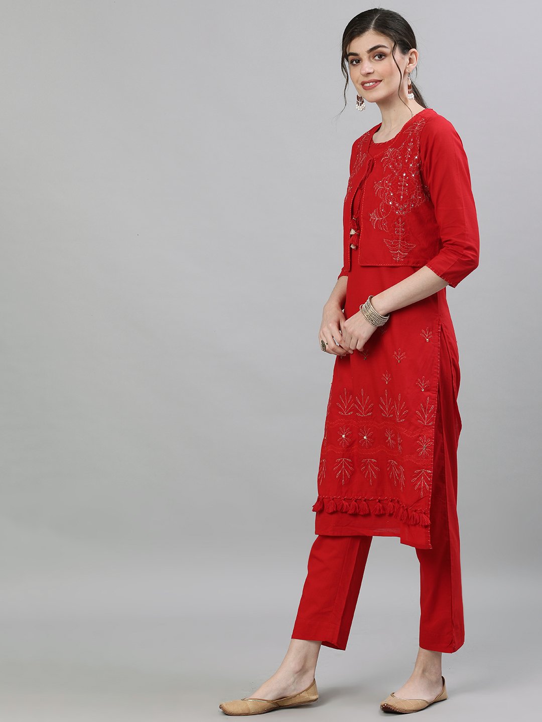 Rich Red Zari Kurta Trouser Set With Jacket