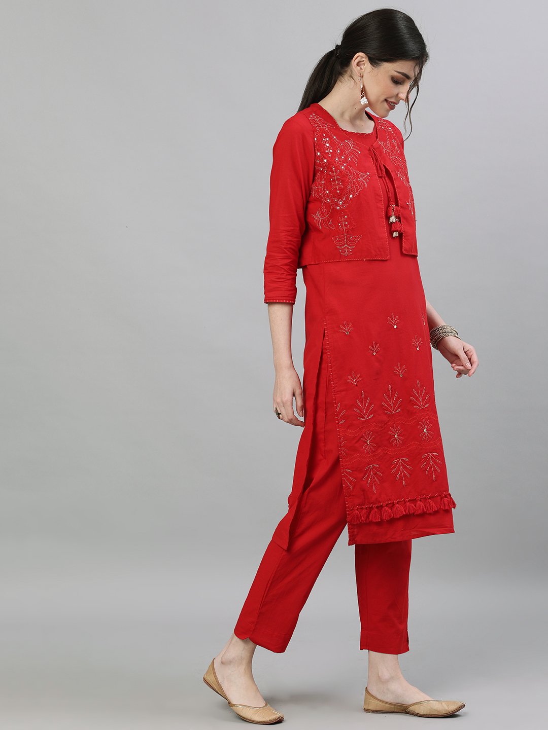 Rich Red Zari Kurta Trouser Set With Jacket