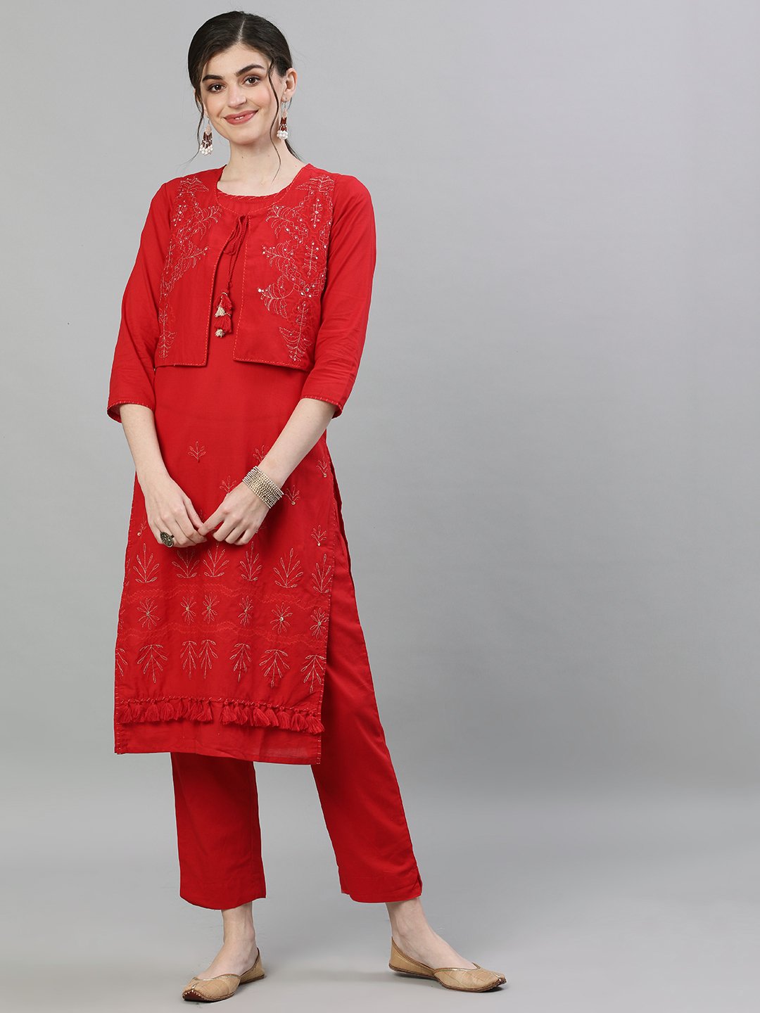 Rich Red Zari Kurta Trouser Set With Jacket