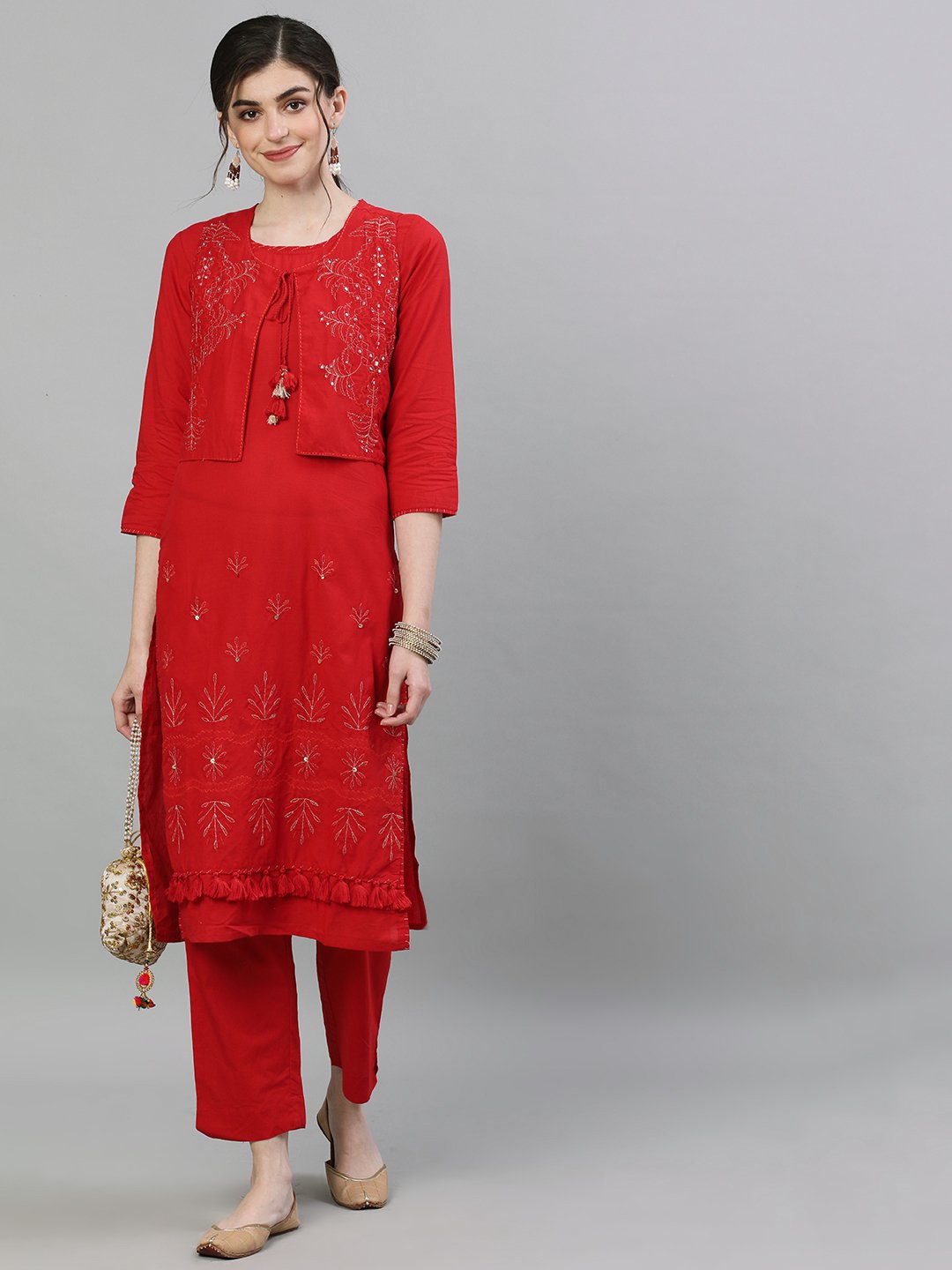 Rich Red Zari Kurta Trouser Set With Jacket