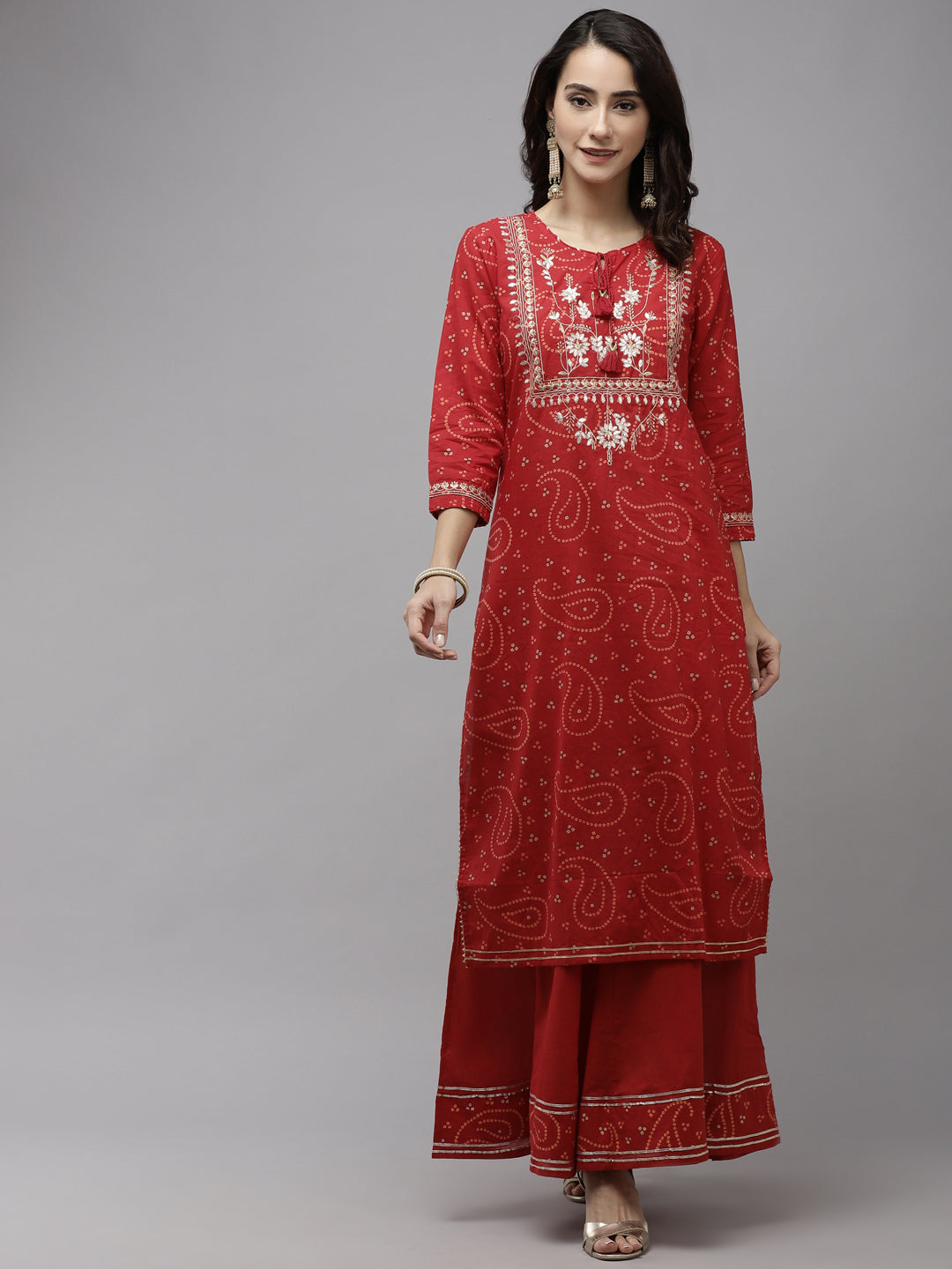 Ishin Women's Cotton Red Bandhani Embellished Straight Kurta Sharara Set