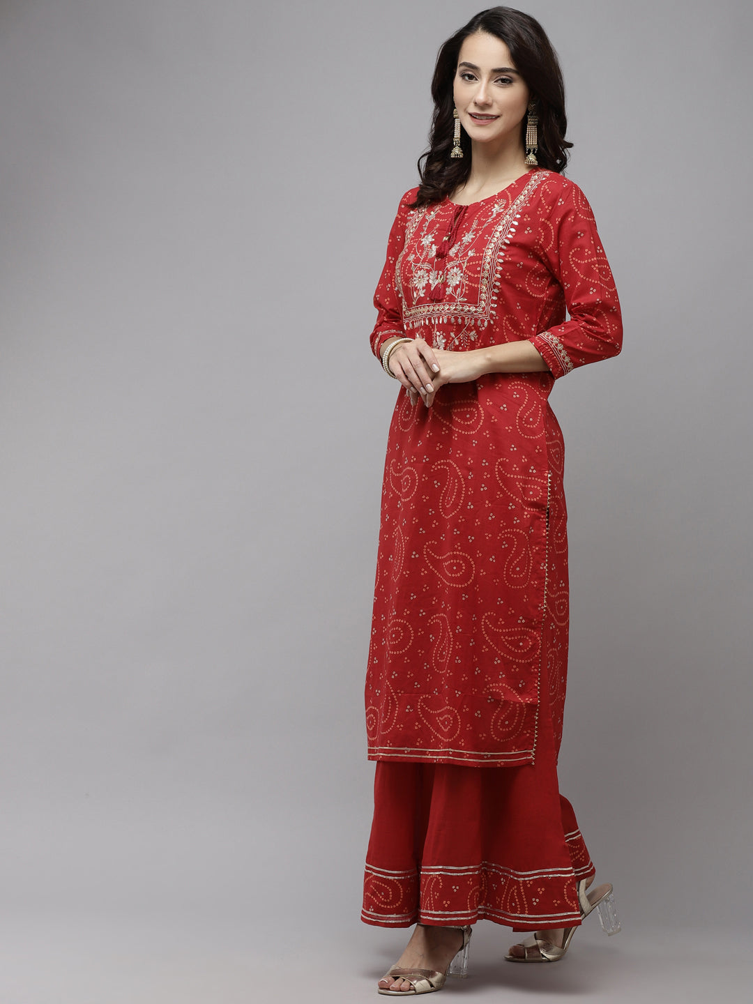 Ishin Women's Cotton Red Bandhani Embellished Straight Kurta Sharara Set