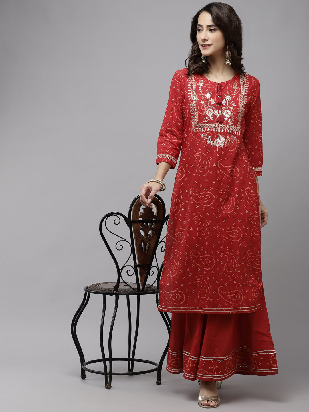 Ishin Women's Cotton Red Bandhani Embellished Straight Kurta Sharara Set