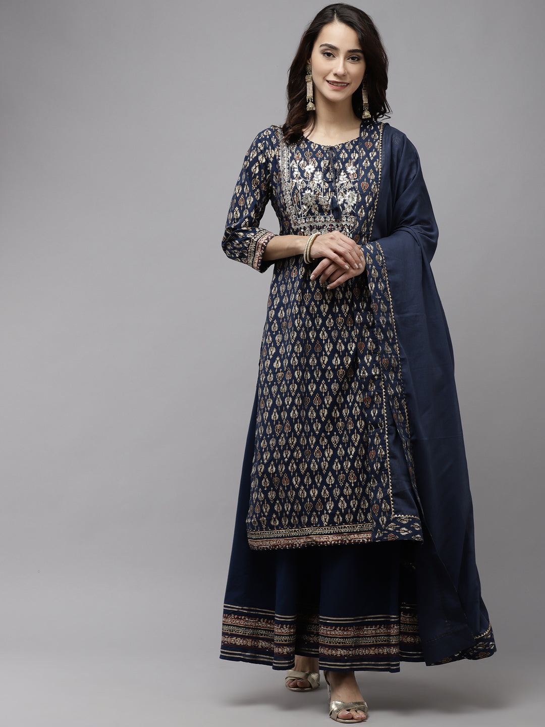 Ishin Women's Navy Blue Embroidered A-Line Kurta With Palazzo & Dupatta