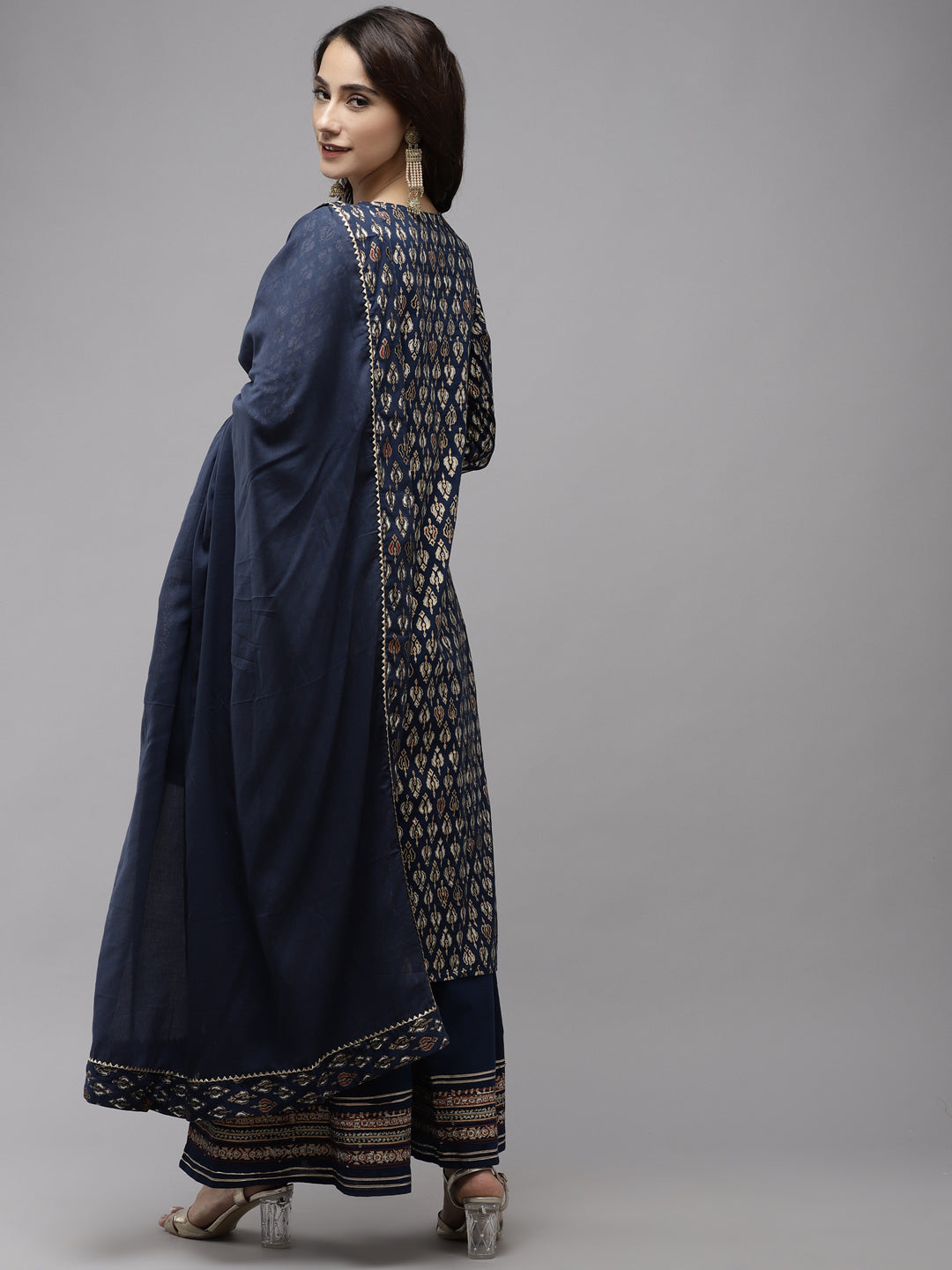 Ishin Women's Navy Blue Embroidered A-Line Kurta With Palazzo & Dupatta