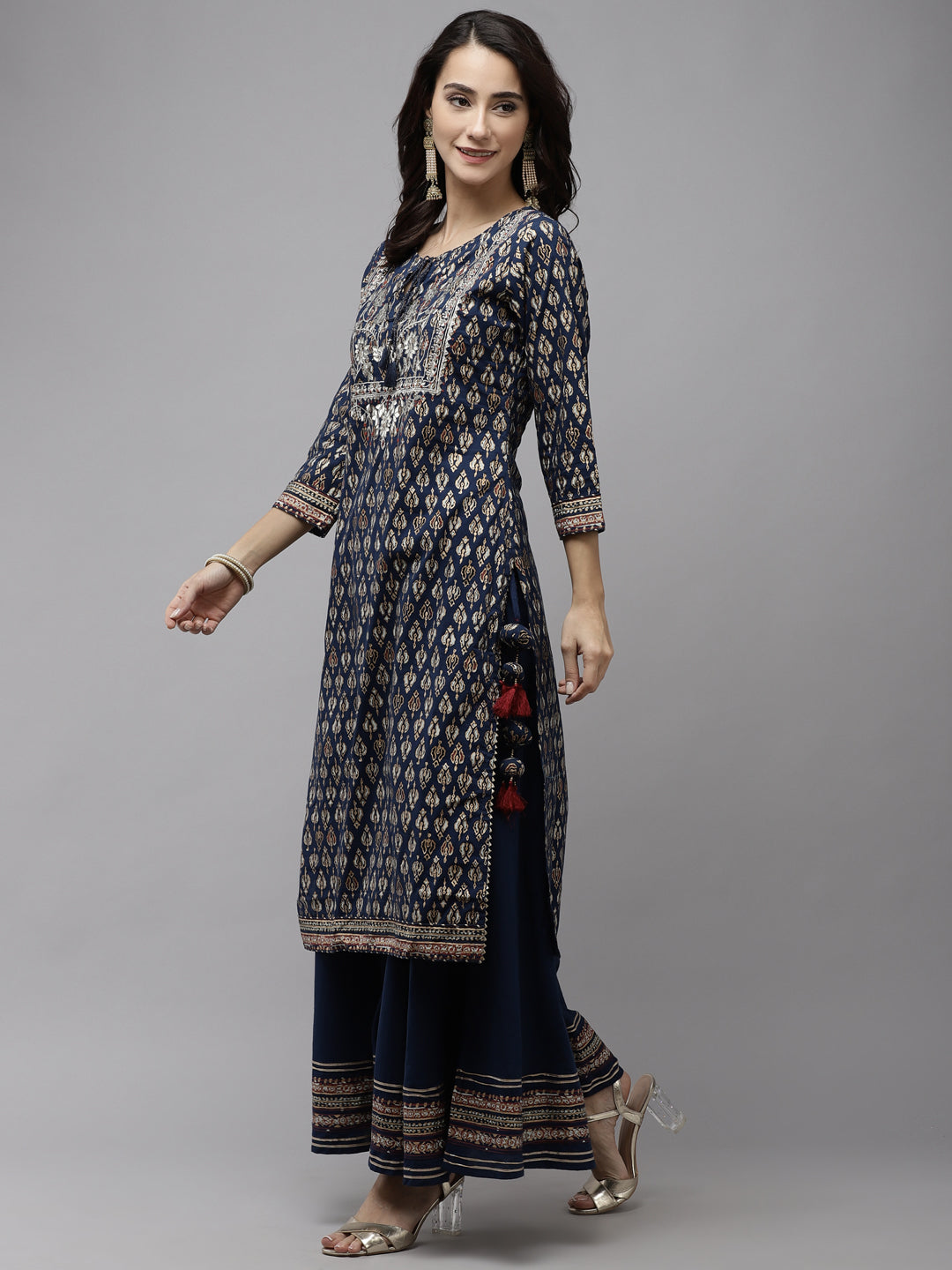 Ishin Women's Navy Blue Embroidered A-Line Kurta With Palazzo & Dupatta