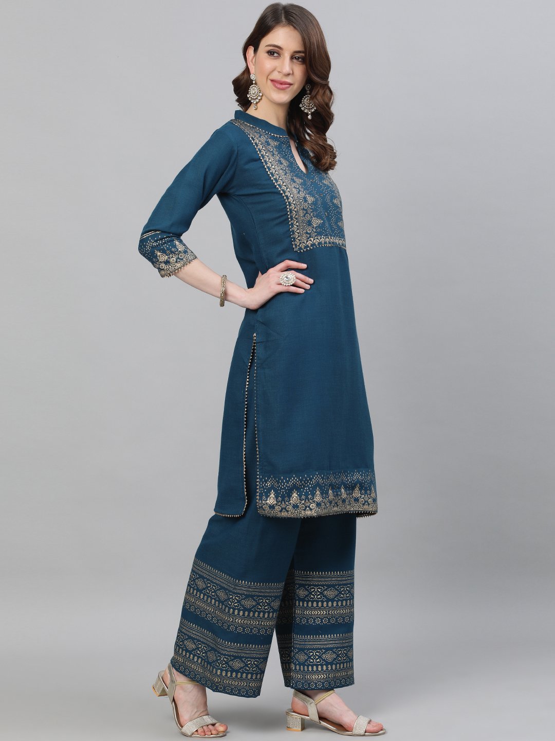 Ishin Women's Viscose Rayon Teal Printed With Gota Patti Straight Kurta Palazzo Set