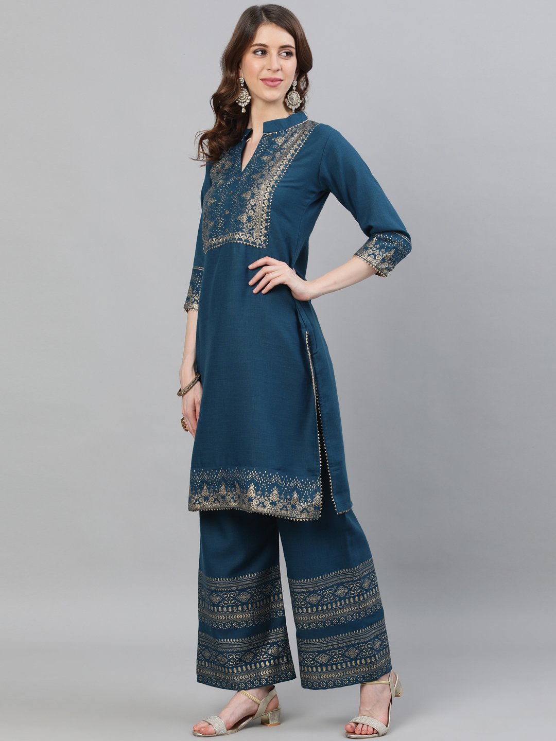 Ishin Women's Viscose Rayon Teal Printed With Gota Patti Straight Kurta Palazzo Set