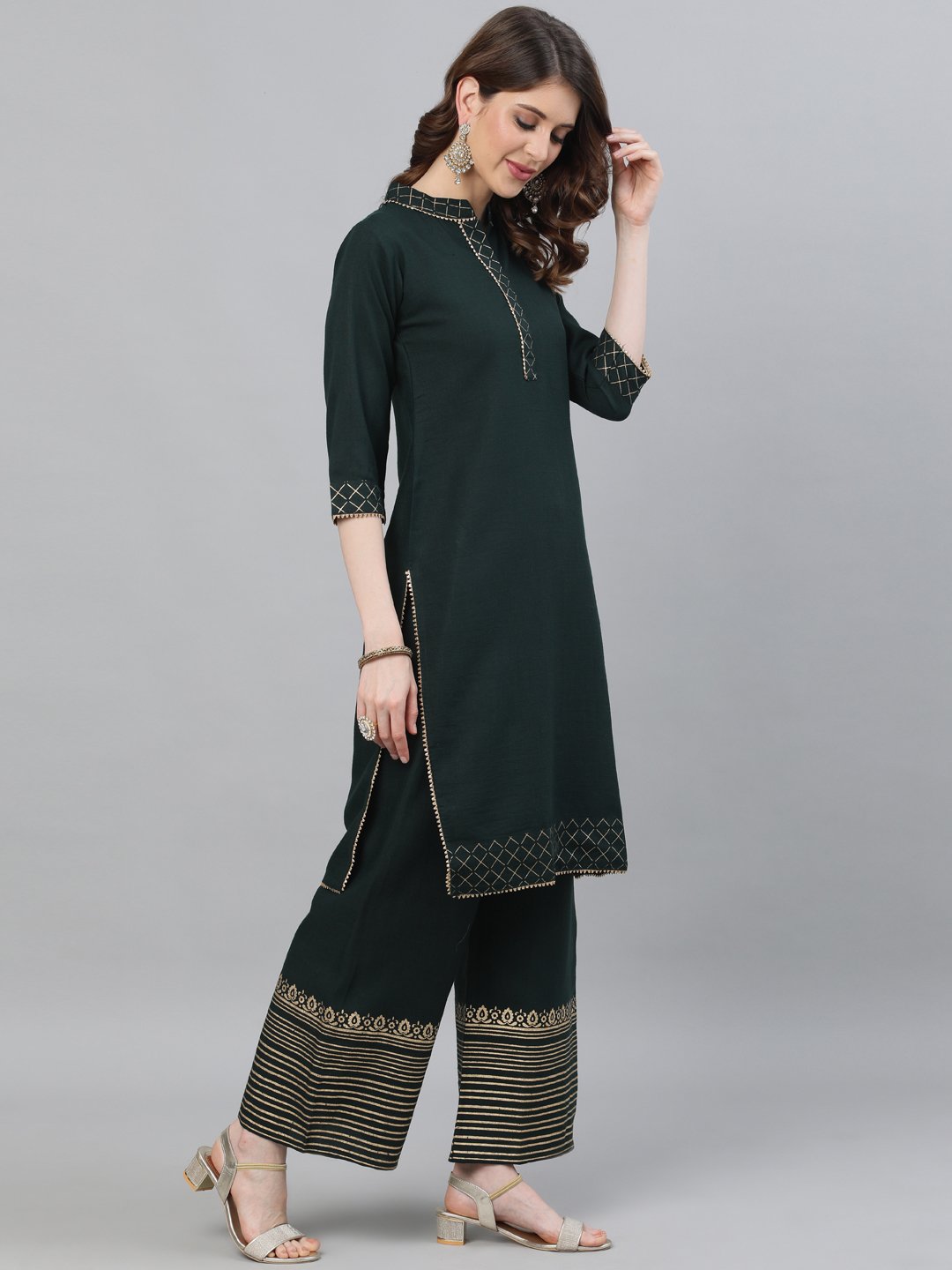 Ishin Women's Cotton Dark Green Printed With Gota Patti Straight Kurta Palazzo Set