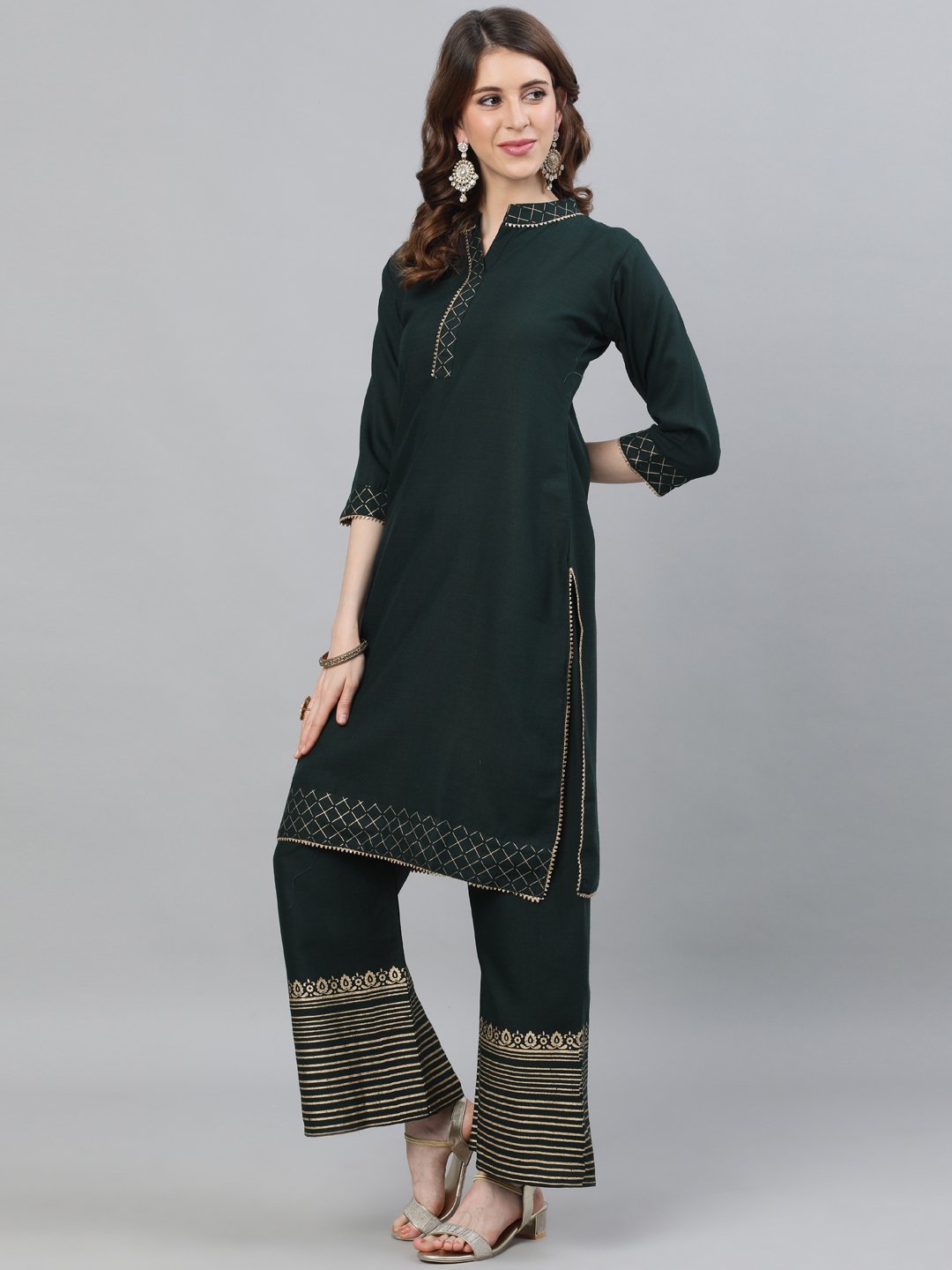 Ishin Women's Cotton Dark Green Printed With Gota Patti Straight Kurta Palazzo Set