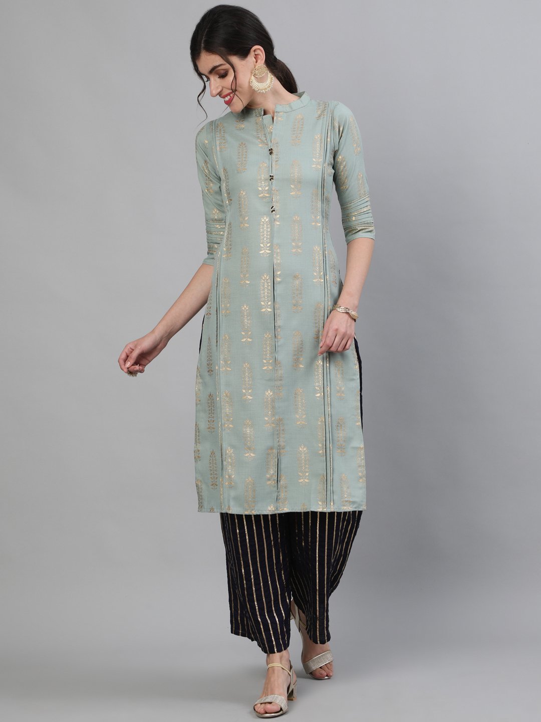 Ishin Women's Cotton Sea Green Foil Printed A-line Kurta With Lurex Palazzo Set