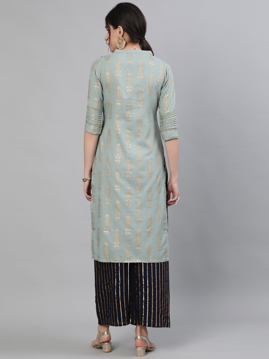 Ishin Women's Cotton Sea Green Foil Printed A-line Kurta With Lurex Palazzo Set