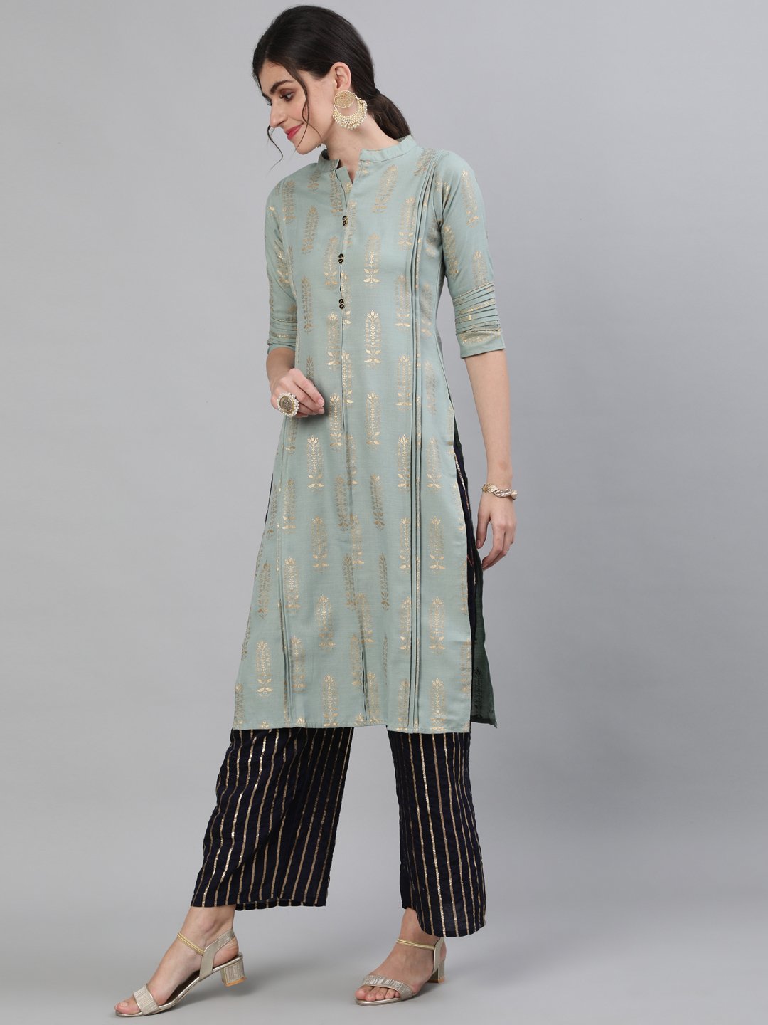 Ishin Women's Cotton Sea Green Foil Printed A-line Kurta With Lurex Palazzo Set