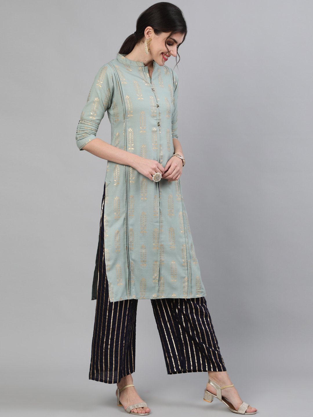 Ishin Women's Cotton Sea Green Foil Printed A-line Kurta With Lurex Palazzo Set