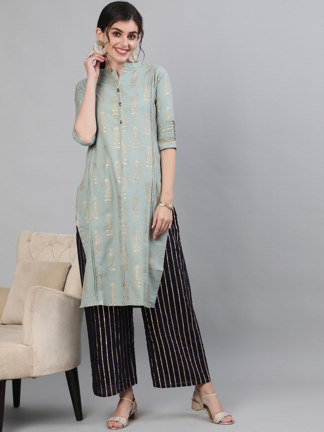 Ishin Women's Cotton Sea Green Foil Printed A-line Kurta With Lurex Palazzo Set