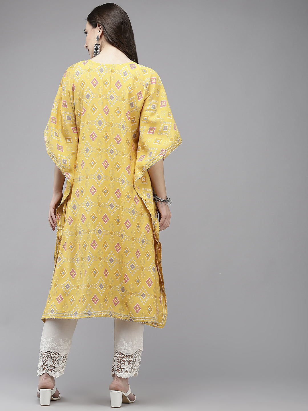 Ishin Women's Yellow Embroidered Kaftan with Trouser