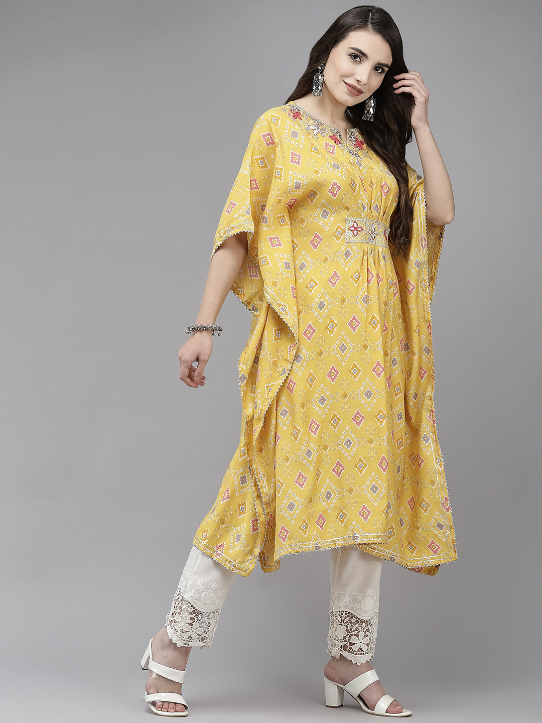 Ishin Women's Yellow Embroidered Kaftan with Trouser