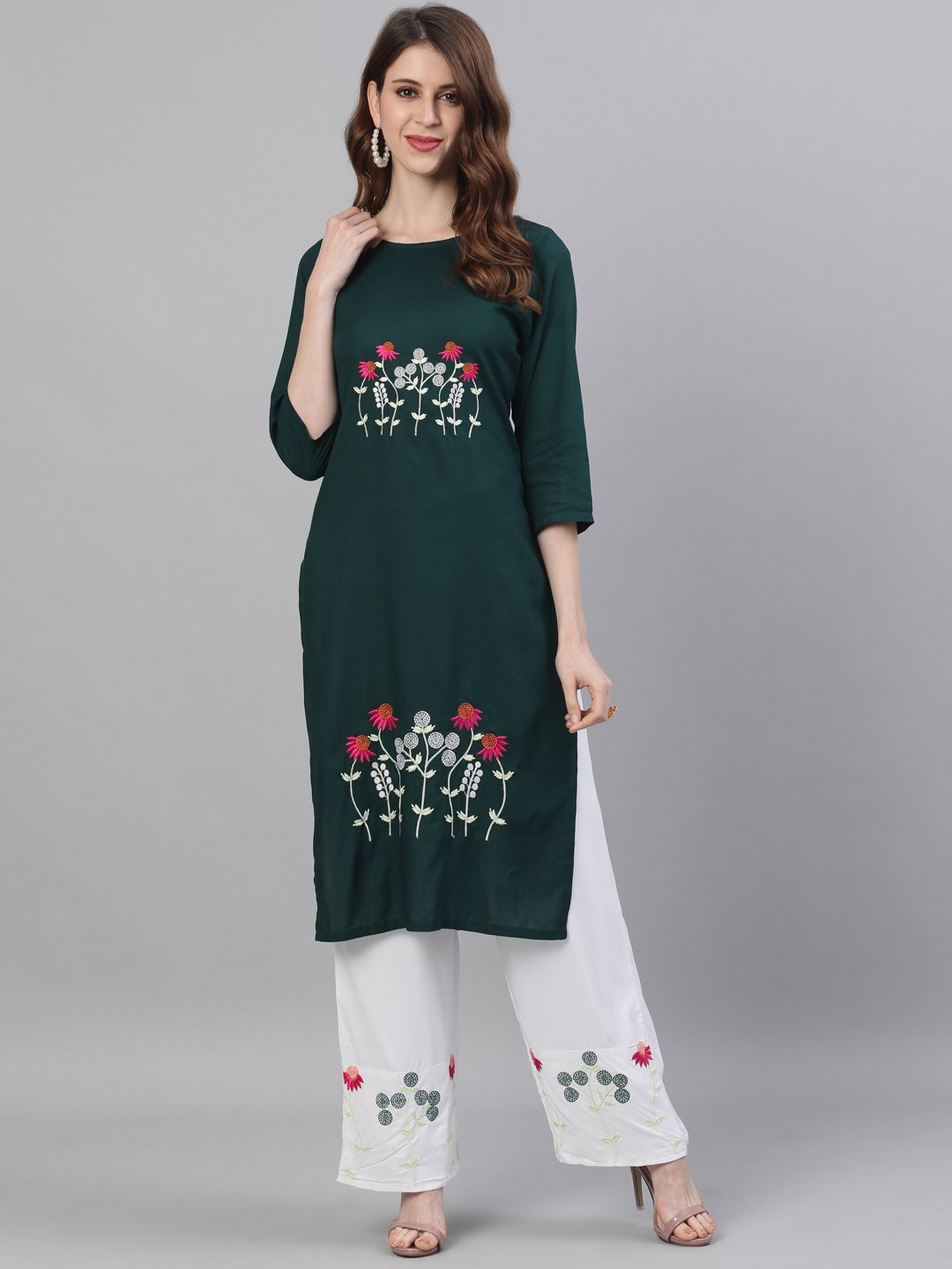 Ishin Women's Green Viscose Rayon Embroidered A-Line Kurta Palazzo Set