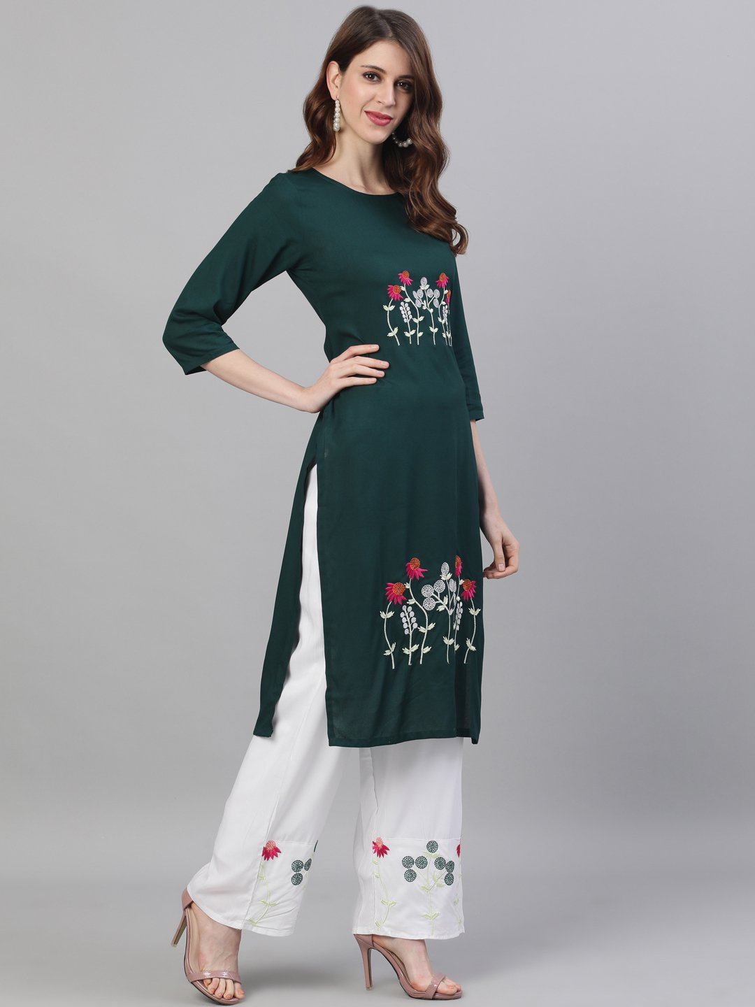 Ishin Women's Green Viscose Rayon Embroidered A-Line Kurta Palazzo Set