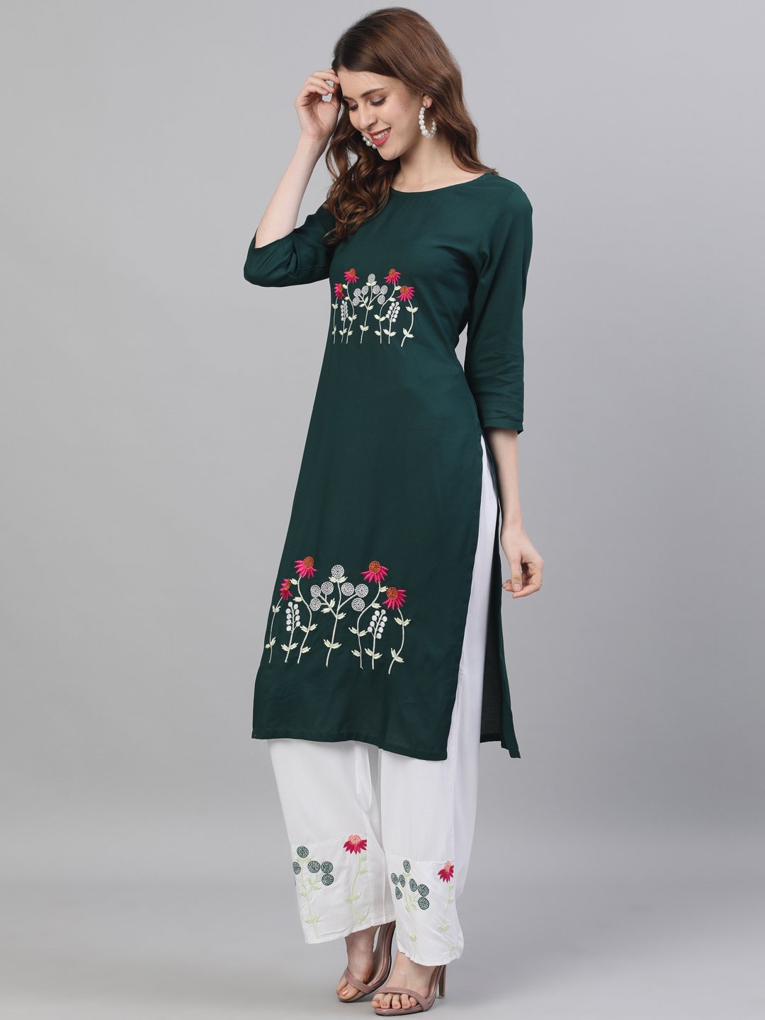 Ishin Women's Green Viscose Rayon Embroidered A-Line Kurta Palazzo Set