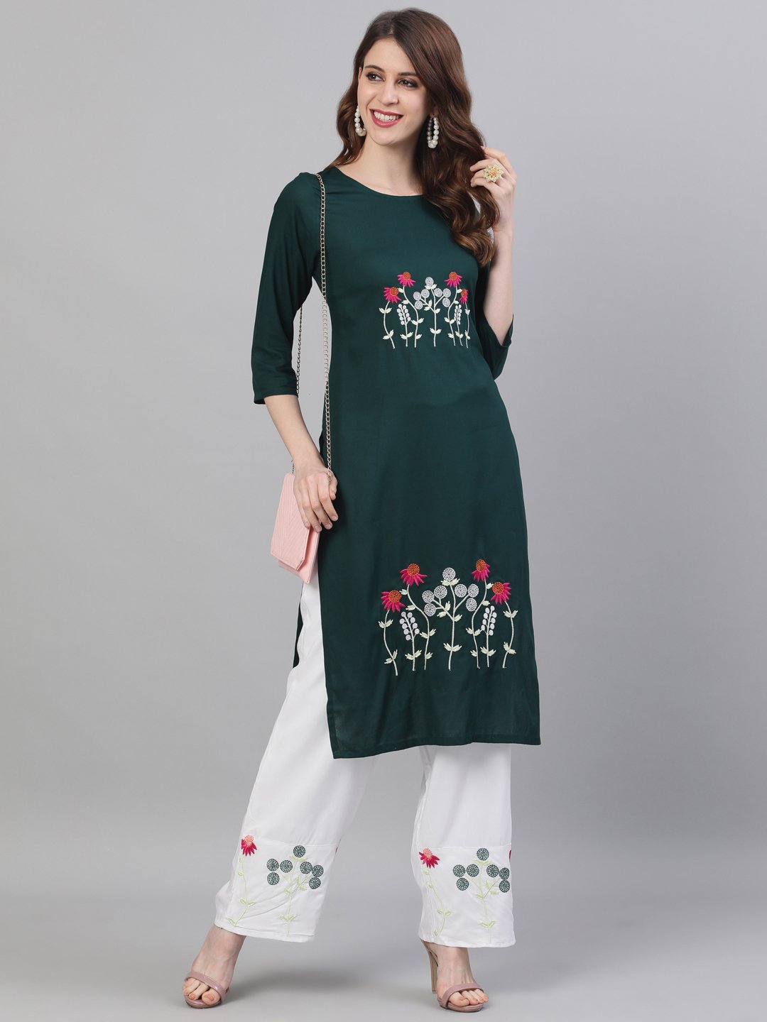 Ishin Women's Green Viscose Rayon Embroidered A-Line Kurta Palazzo Set