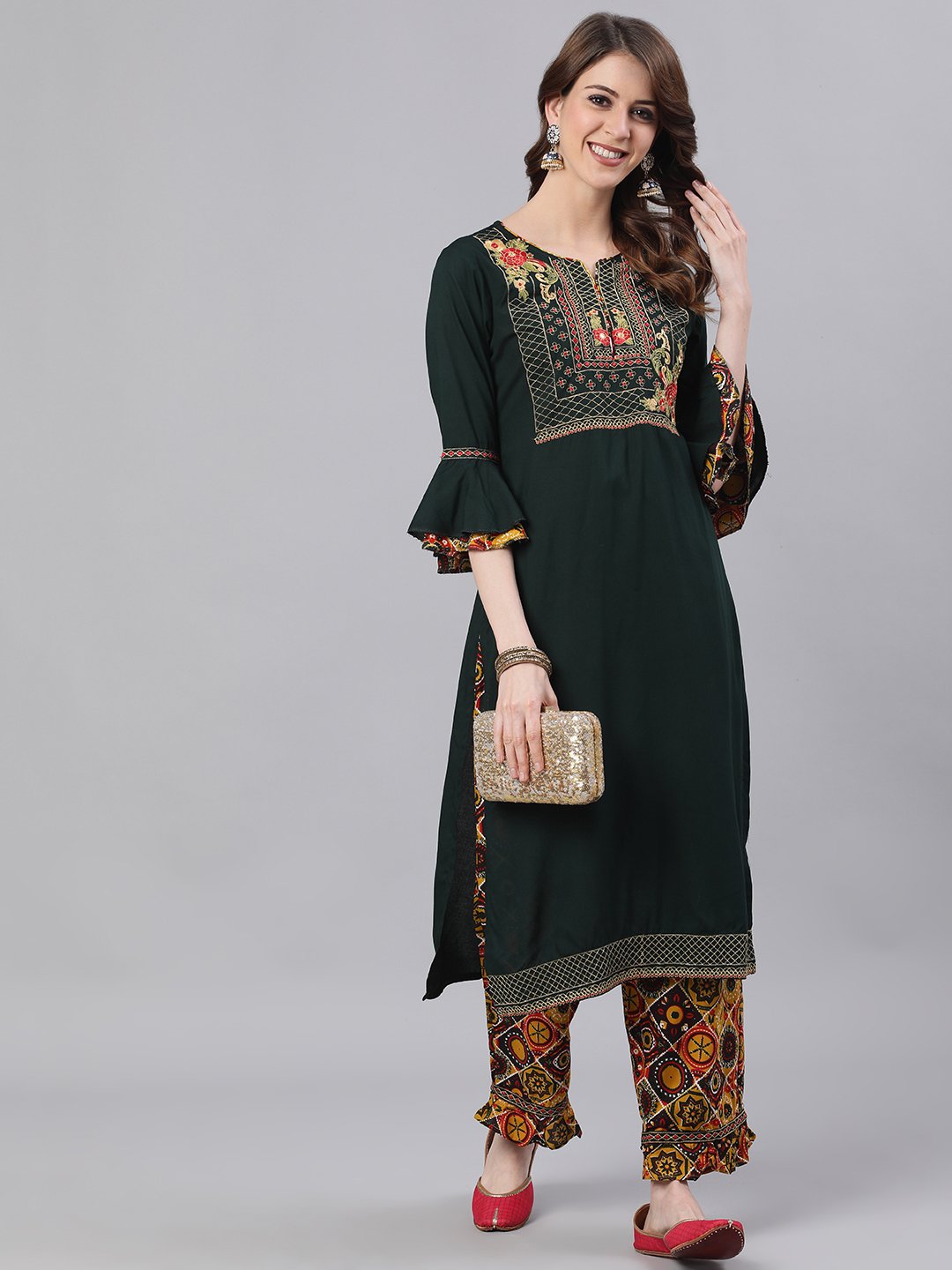 Ishin Women's Rayon Green & Mustard Zari Embroidered A-Line Kurta Trouser Set