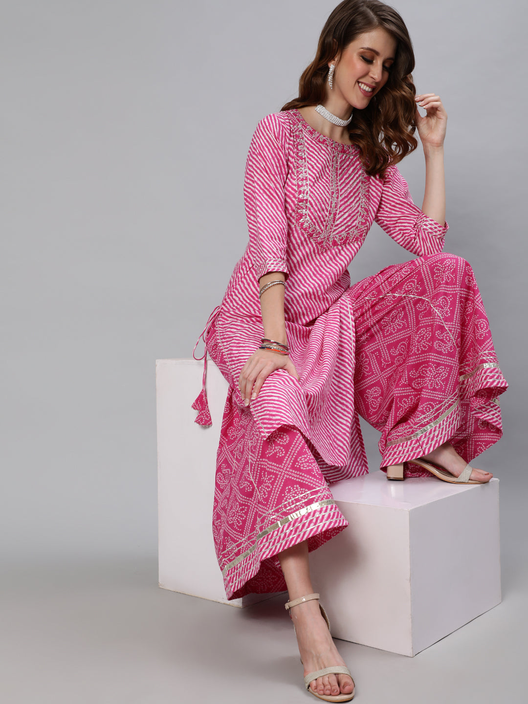 Ishin Women's Cotton Pink Embroidered A-Line Leheriya Kurta Sharara Set